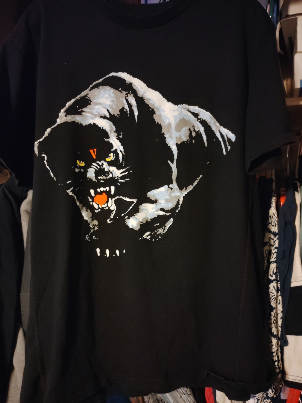 VLONE Black Short Sleeve Tee with Panther Graphic and Orange Accents